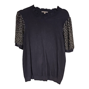 Adrianna Papell Black Sweater with Sheer Polka Dot Sleeves Size Large Office